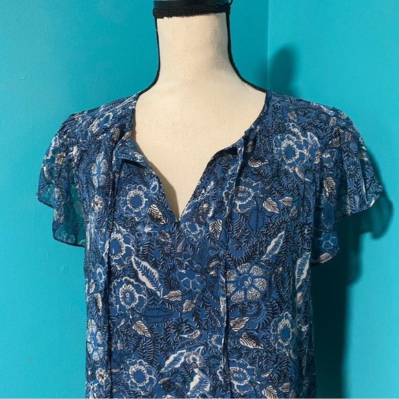 Joie S Blue Floral Metallic Flutter Sleeve Split Neck Chiffon Blouse - Picture 3 of 5